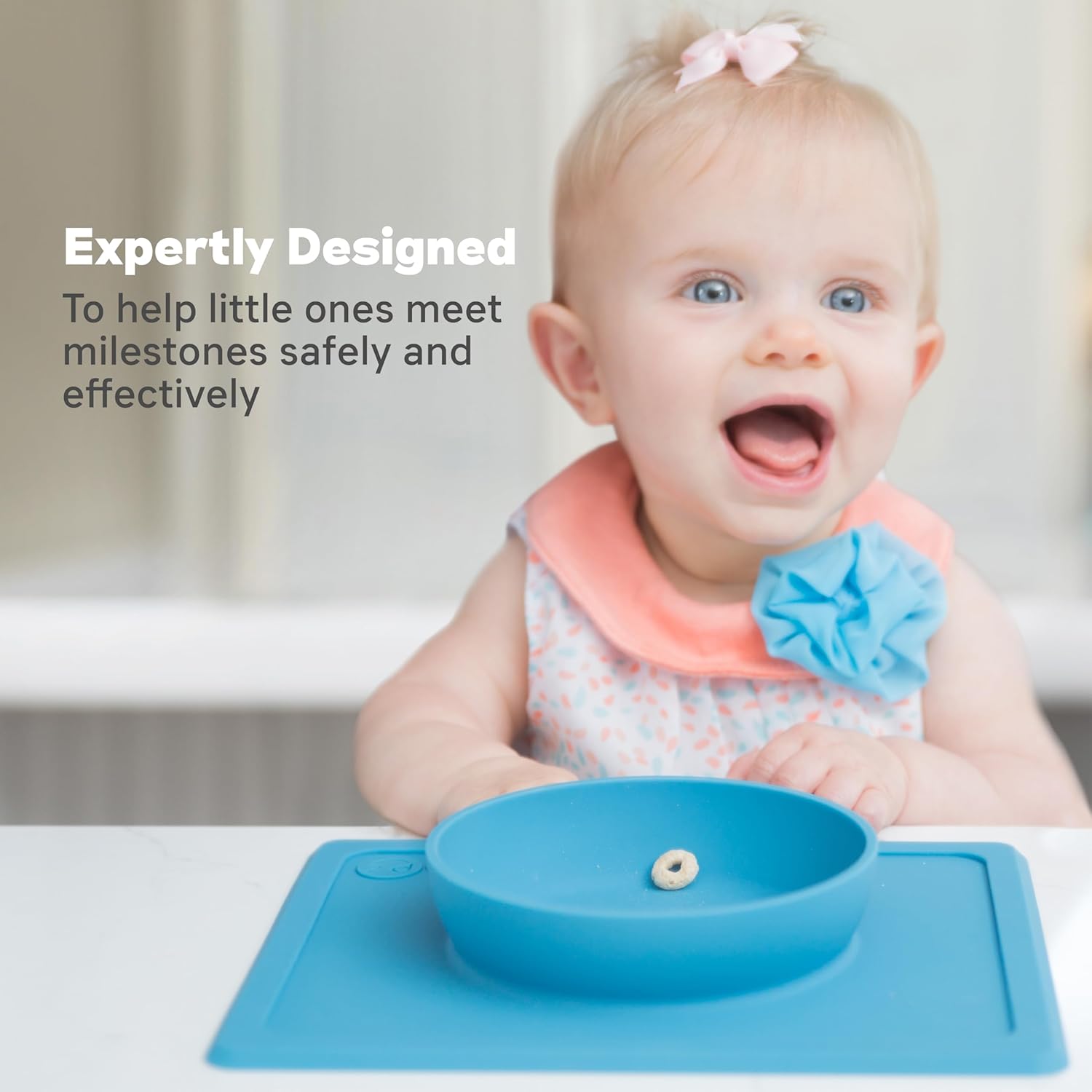 Mini Bowl (Blue) - 100% Silicone Suction Bowl with Built-In Placemat for Infants + Toddlers - Comes with a Reusable Travel Bag