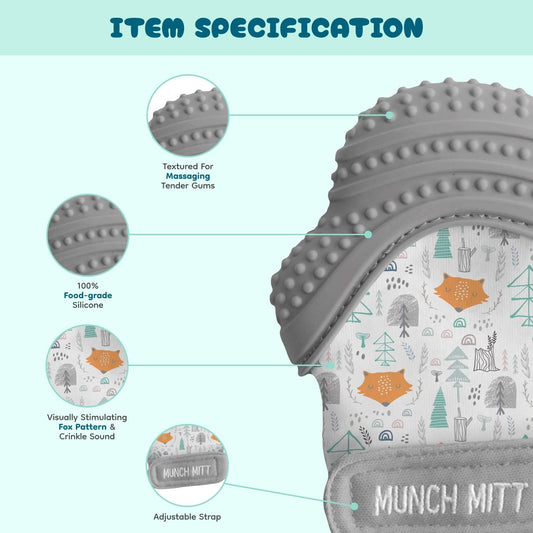 Patented Munch Mitt Baby Teething Mitten – Protects Hands from Chewing & Drool, Soothes Sore Gums, Sensory Toy, Bpa-Free Teether for Babies up to 1-Year-Old - Grey Fox