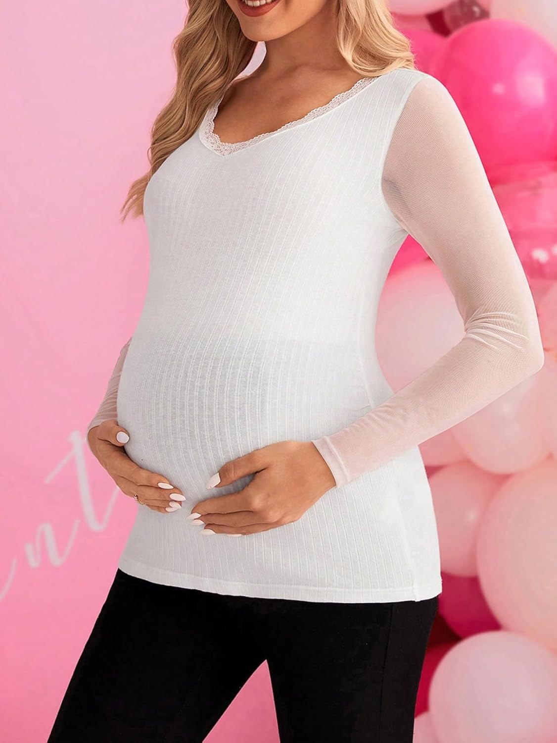 Women'S Maternity Sheer Mesh Long Sleeve Lace Trim V Neck T Shirt Solid Rib Knitted Slim Fit Shirt Tops