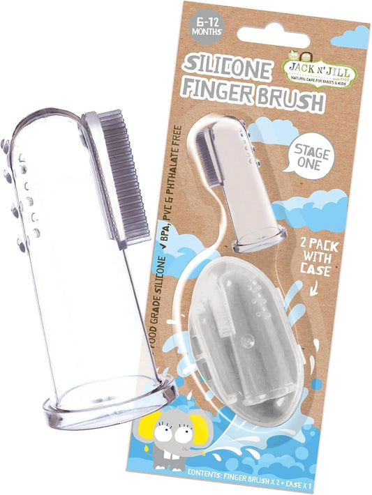Stage 1 Silicone Finger Toothbrush - Baby Toothbrush 6 to 12 Months, Baby Oral Cleaner, Travel Size - Two Brushes plus Case, (Pack of 1)