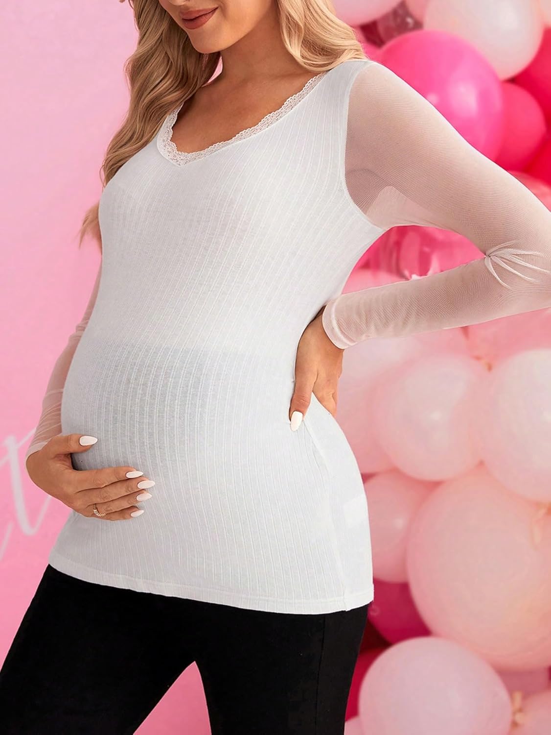 Women'S Maternity Sheer Mesh Long Sleeve Lace Trim V Neck T Shirt Solid Rib Knitted Slim Fit Shirt Tops