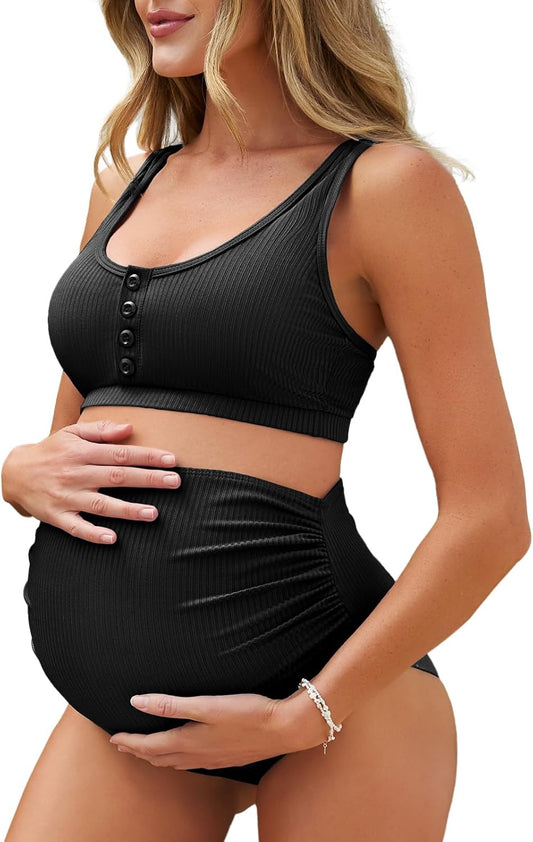 Maternity Ribbed High Waist Swimsuit Crop Top Bikini Bathing Suit High Cut Two Piece Pregnancy Swimwear
