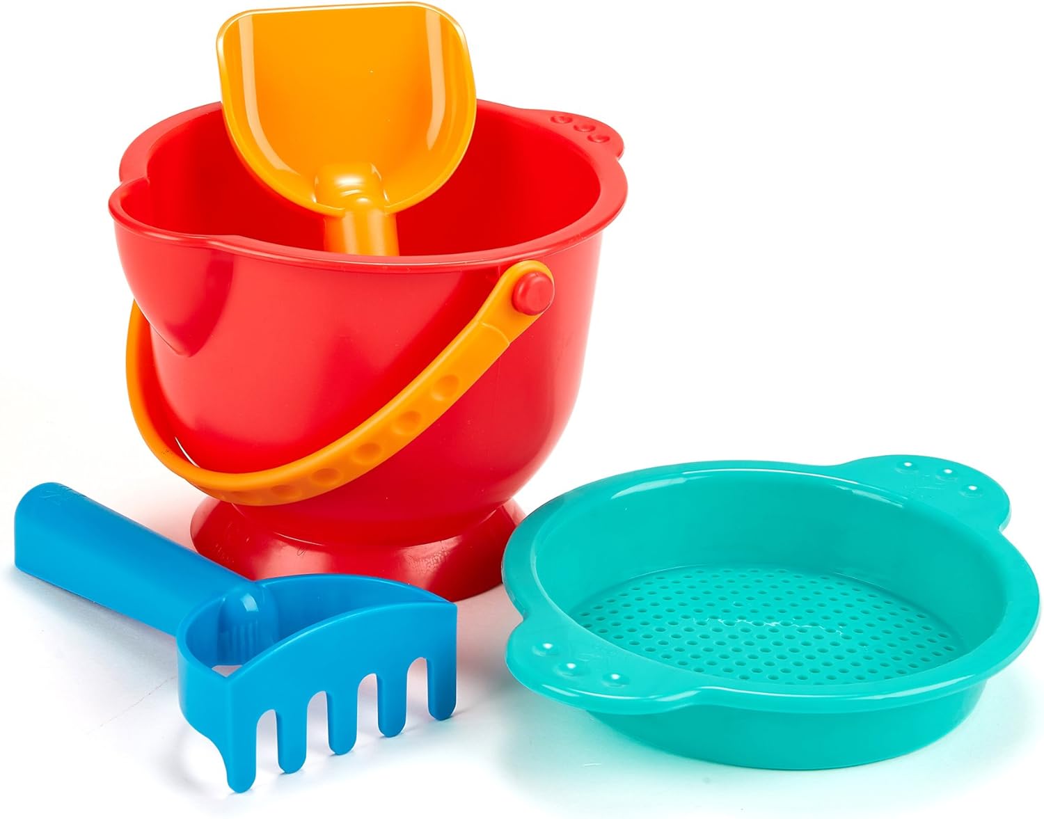 Beach Basics Sand Toy Set Including Bucket Sifter, Rake, and Shovel Toys, Multicolor
