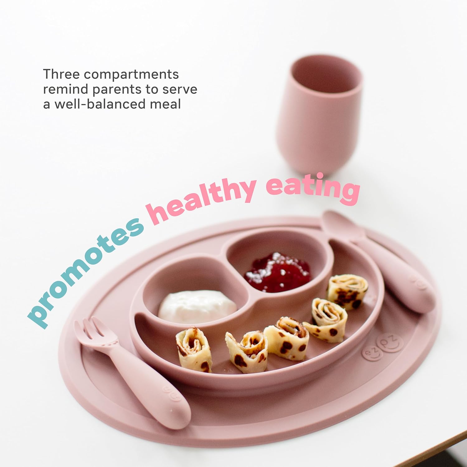 Mini Mat (Gray) - 100% Silicone Suction Plate with Built-In Placemat for Infants + Toddlers - First Foods + Self-Feeding - Comes with a Reusable Travel Bag
