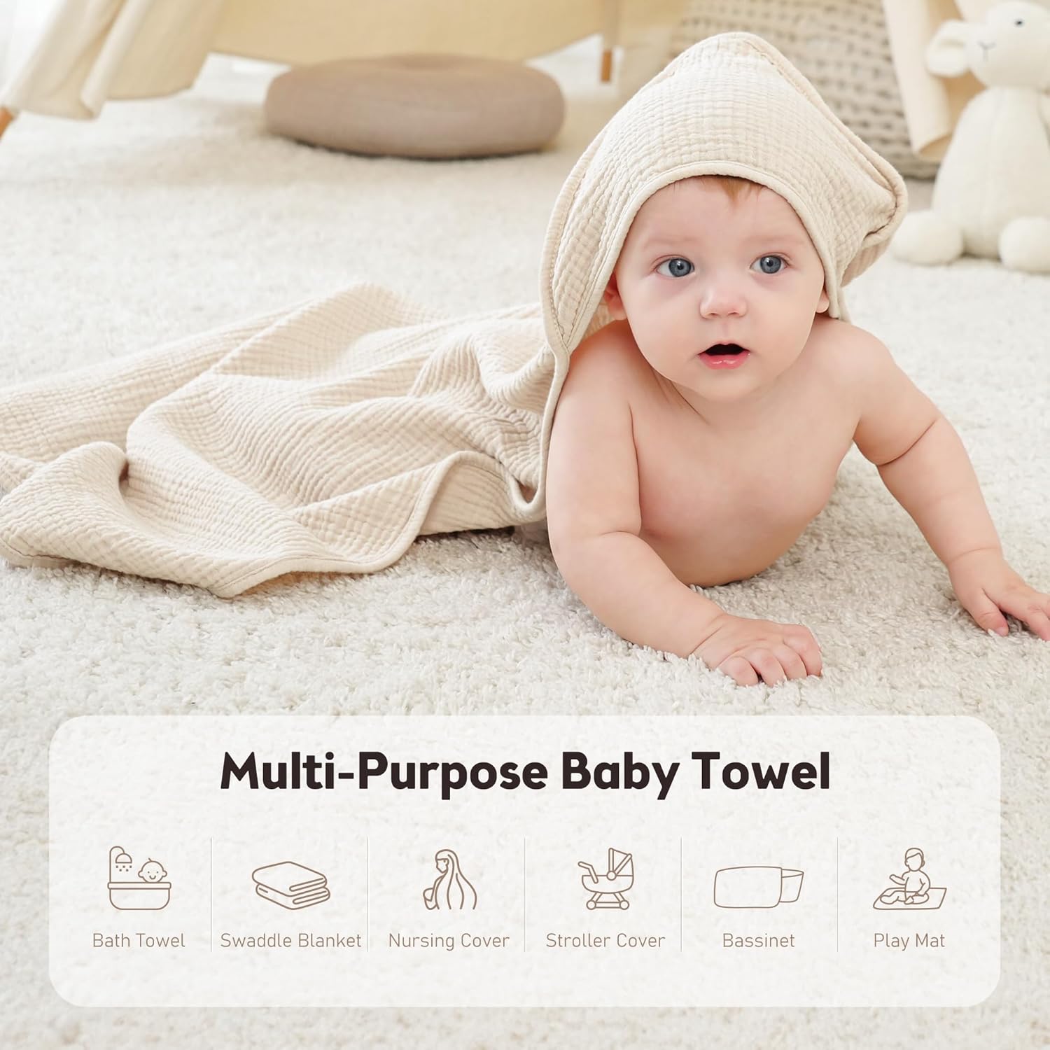 Muslin Baby Bath Towels 100% Cotton Baby Hooded Bathing Towels for Newborn Unisex Baby Boys Girls Infants Toddlers & Kids - 30X30In 2Pack (Cream Star)