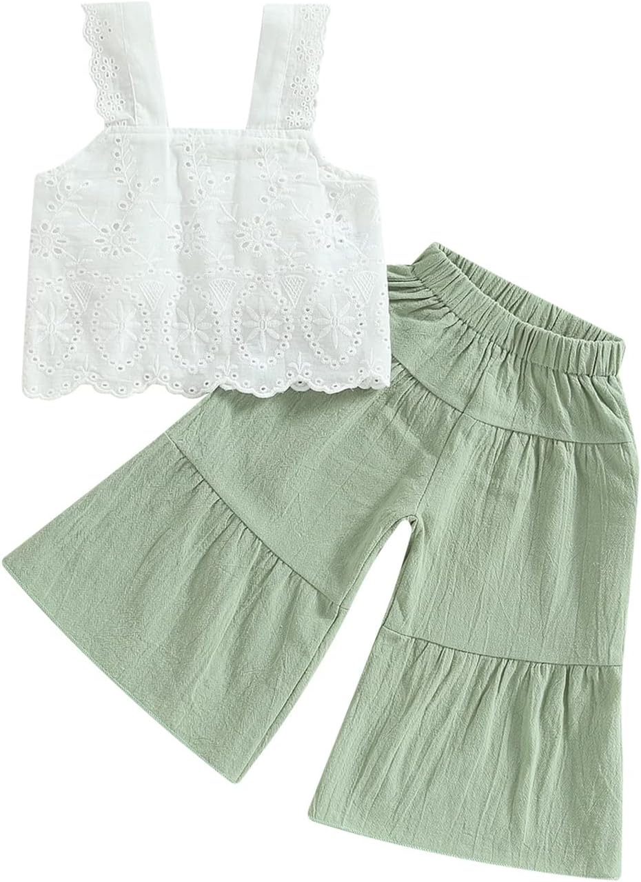 Summer Clothes Toddler Girl Camisole Outfit Infant Baby Cotton Linen Lace Smocked Sleeveless Tank Top Pants Set 0-7T