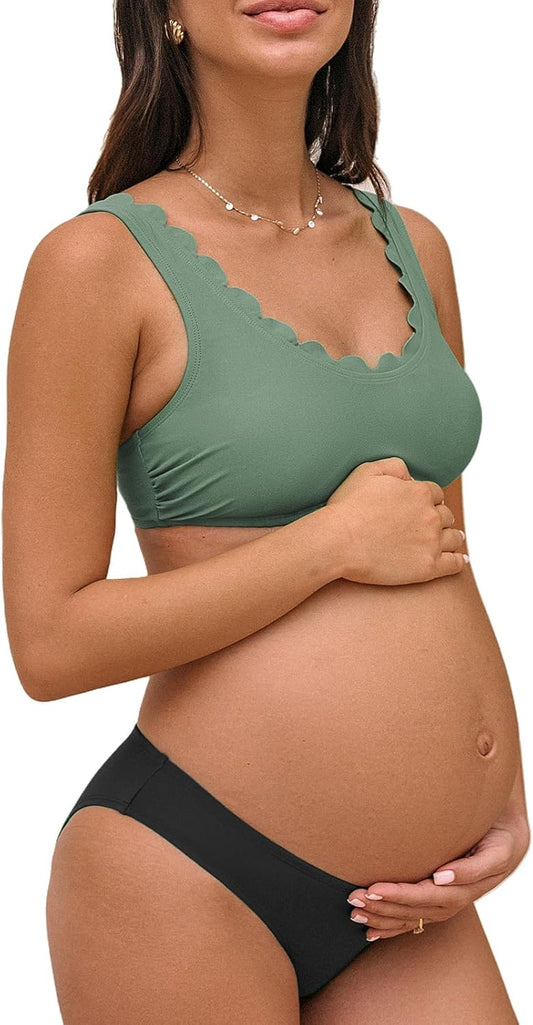 Women'S Maternity Bikini Sets Pregnancy Swimsuit Low Rise Scalloped Scoop Neck Adjustable Straps Back Hook