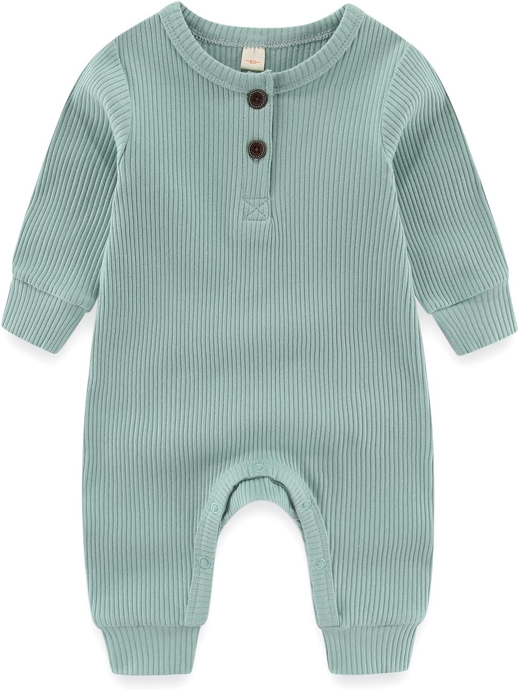 Newborn Baby Boys Girls One Piece Romper with Mitten Cuffs Solid Long Sleeve Ribbed Button Jumpsuit Outfit Clothes