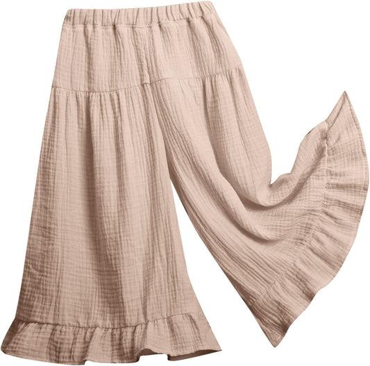 Baby Girls Soft Cotton Linen Wide Leg Ruffled Pants Cropped Summer Flowy Casual Palazzo Pants for Toddler Pants Girls