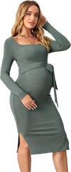 Women'S Maternity Rib Knit Split Hem Knot Front Square Neck Long Sleeve Bodycon Midi Dress
