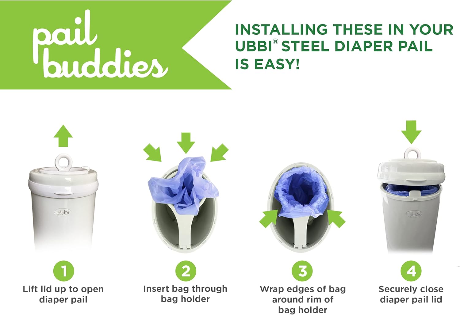 Disposable Diaper Pail Refills Compatible with Ubbi Diaper Pail | Diaper Pail Refill Bags Made with Recycled Material | Fresh Powder Scent for Odor Control | Disposable Diaper Trash Bags (75 Count)