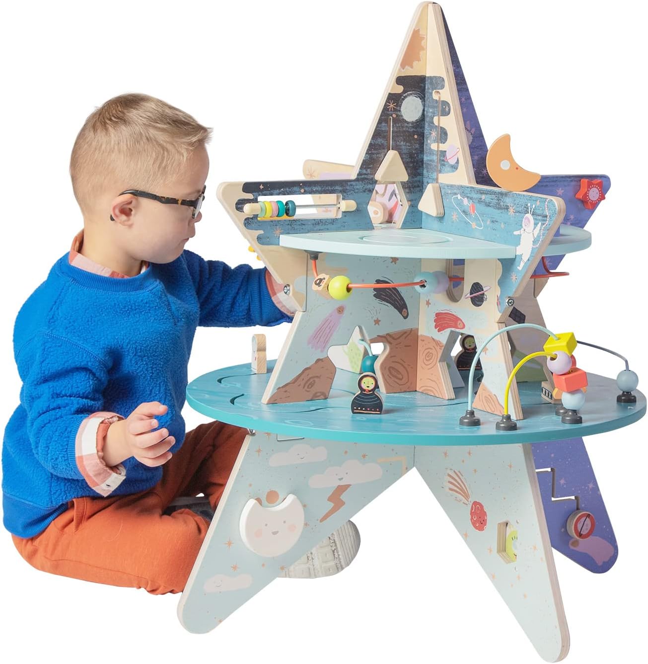 Double-Decker Celestial Star Explorer Wooden Activity Center with Shape Gliders, Spinners, Bead Runs & Alluring Artwork