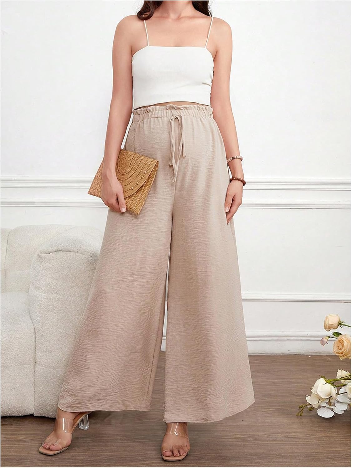 Women'S Maternity Wide Leg Palazzo Pants Drawstring Elastic Waist Loose Fit Flowy Long Pants