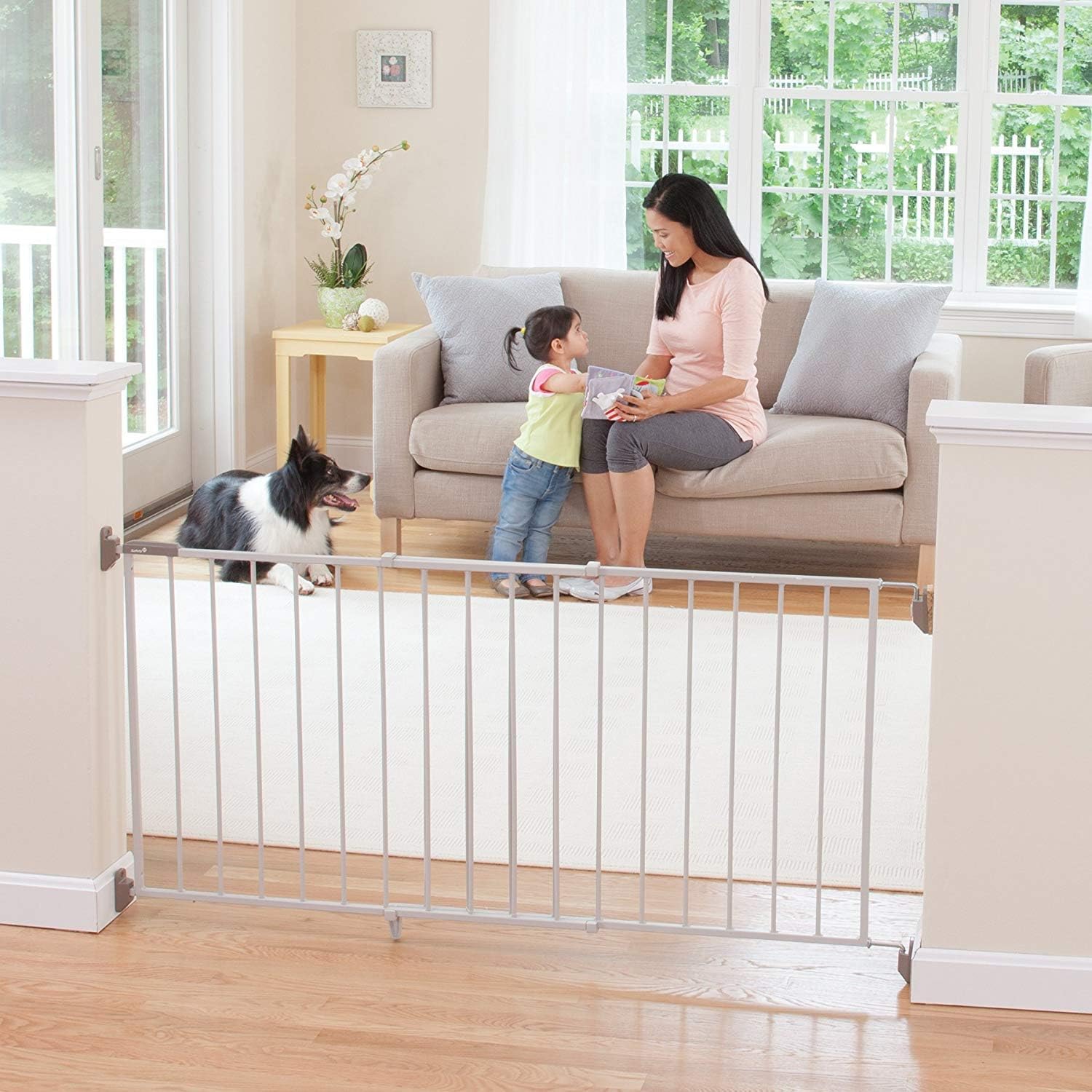 Wide and Sturdy Gate Fits 40-60" Wide, and 26.5" Tall, Hardware Mounted Metal Swing Gate, Perfect for Babies and Pets, White