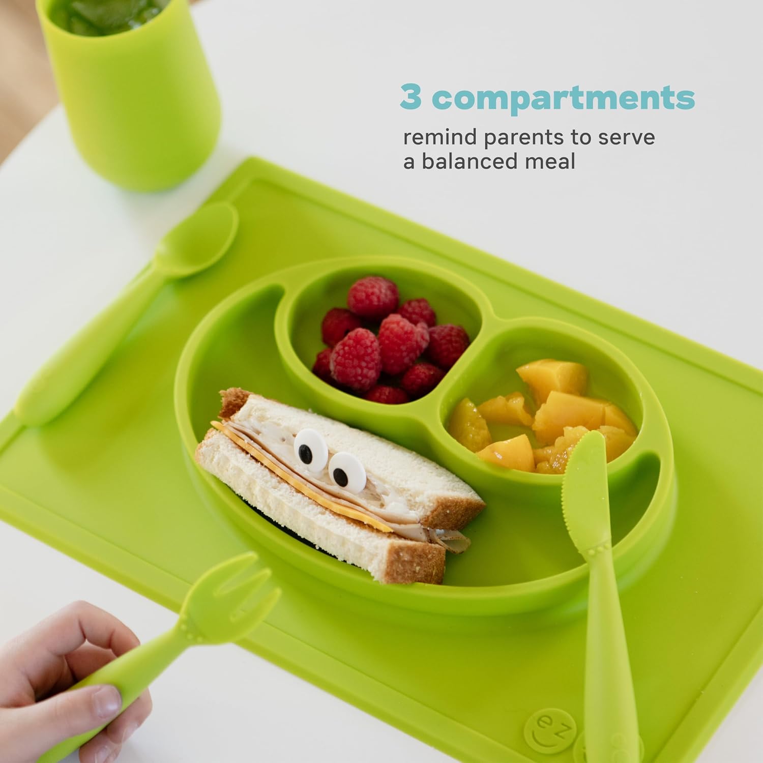 Happy Mat (Sage) - 100% Silicone Suction Plate with Built-In Placemat for Toddlers + Preschoolers - Divided Plate - Dishwasher Safe