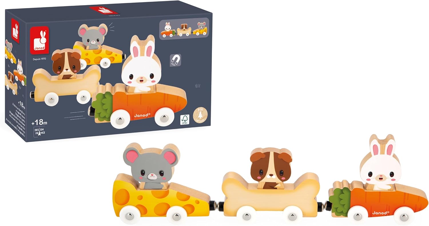 - Magnetic Pets - Includes 3 Wooden Animals and 3 Cars - Connets to Make a Small Train - Educational Early-Learning - for Children from 18 Months Old and up - Multilingual - J03315