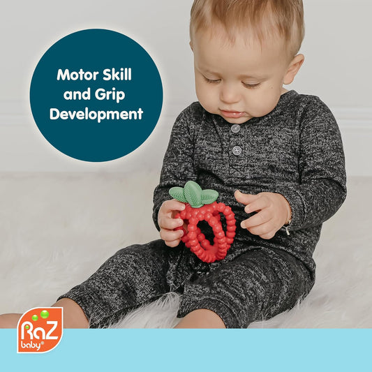 Silicone Infant & Baby Teething Toy, Textured Berrybumps Soothe Babies’ Sore Gums, Razberry Bites Relief Teether, Back & Front Teeth, BPA Free, Easy to Hold, Fruit Shape for Babies 3M+ - Red