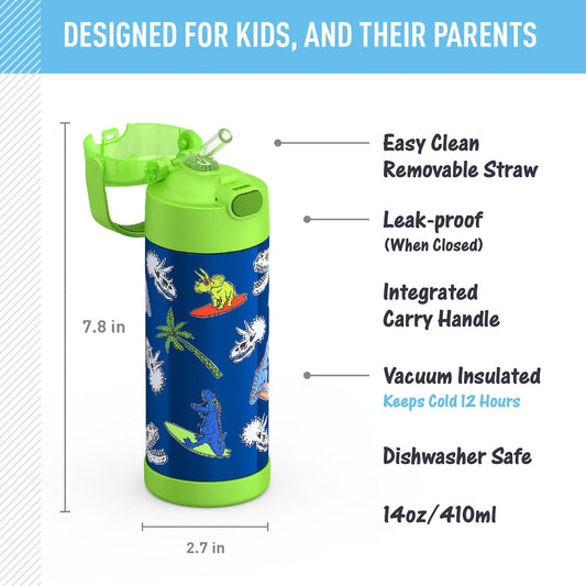 FUNTAINER 14 Ounce Stainless Steel Vacuum Insulated Bottle, Daring Dinos