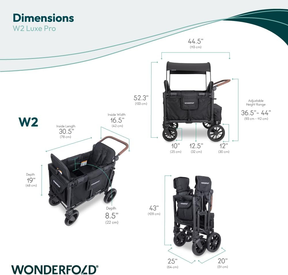 W2 Luxe Pro Stroller Wagon (2 Seater) - Collapsible Wagon Stroller with Seats Featuring 5-Point Safety Harnesses and Adjustable Sun Canopy, Jet Black