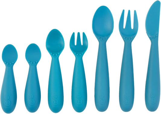 Developmental Utensil Set - 100% BPA Free Fork, Spoon, Knife for Babies, Toddlers and Preschool First Foods + Self-Feeding - Designed by a Pediatric Feeding Specialist (Blue)