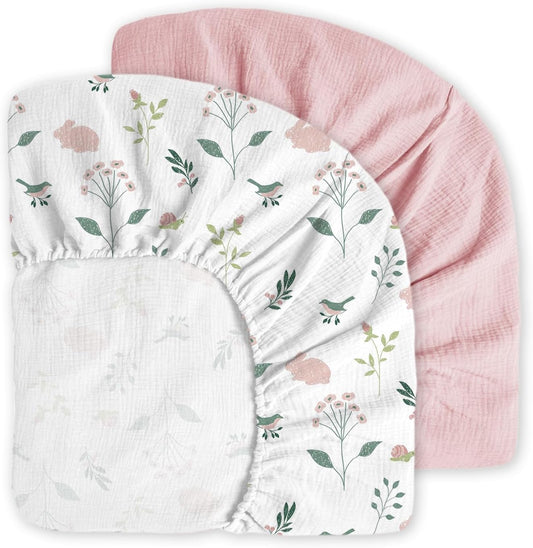 Muslin Crib Sheet,2Pk 100% Cotton Crib Sheets for Standard Crib Mattress & Toddler Bed Mattress 52"X28", Soft Breathable Neutral Crib Sheets Fitted for Boys Girls, Pink Bunny