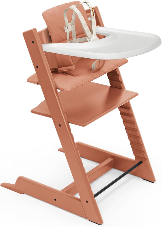 Tripp Trapp High Chair 2 (Terracotta), Cushion 2 (Terracotta) +  Tray (White) - Includes Chair + Baby Set 2 with Removable Harness for Children 6-36 Months