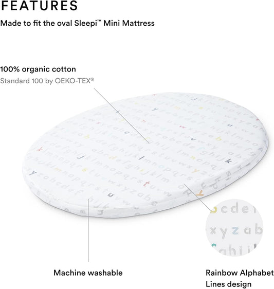 Sleepi Mini Fitted Sheet by Pehr, Rainbow Alphabet Lines - Soft, 100% Organic Fitted Sheets - Made for Oval Sleepi Mini Mattress - Safe Sleeping - Available in Playful Patterns
