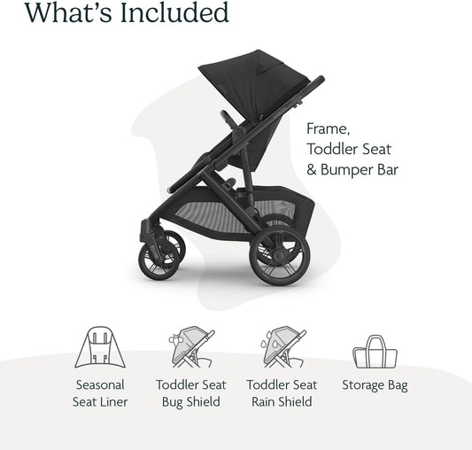 Vista V3 Stroller - Full-Size Single-To-Double Stroller System - Toddler Seat, Bug Shield, Rain Shield, and Storage Bag Included - Jake (Charcoal/Carbon Frame/Black Leather)