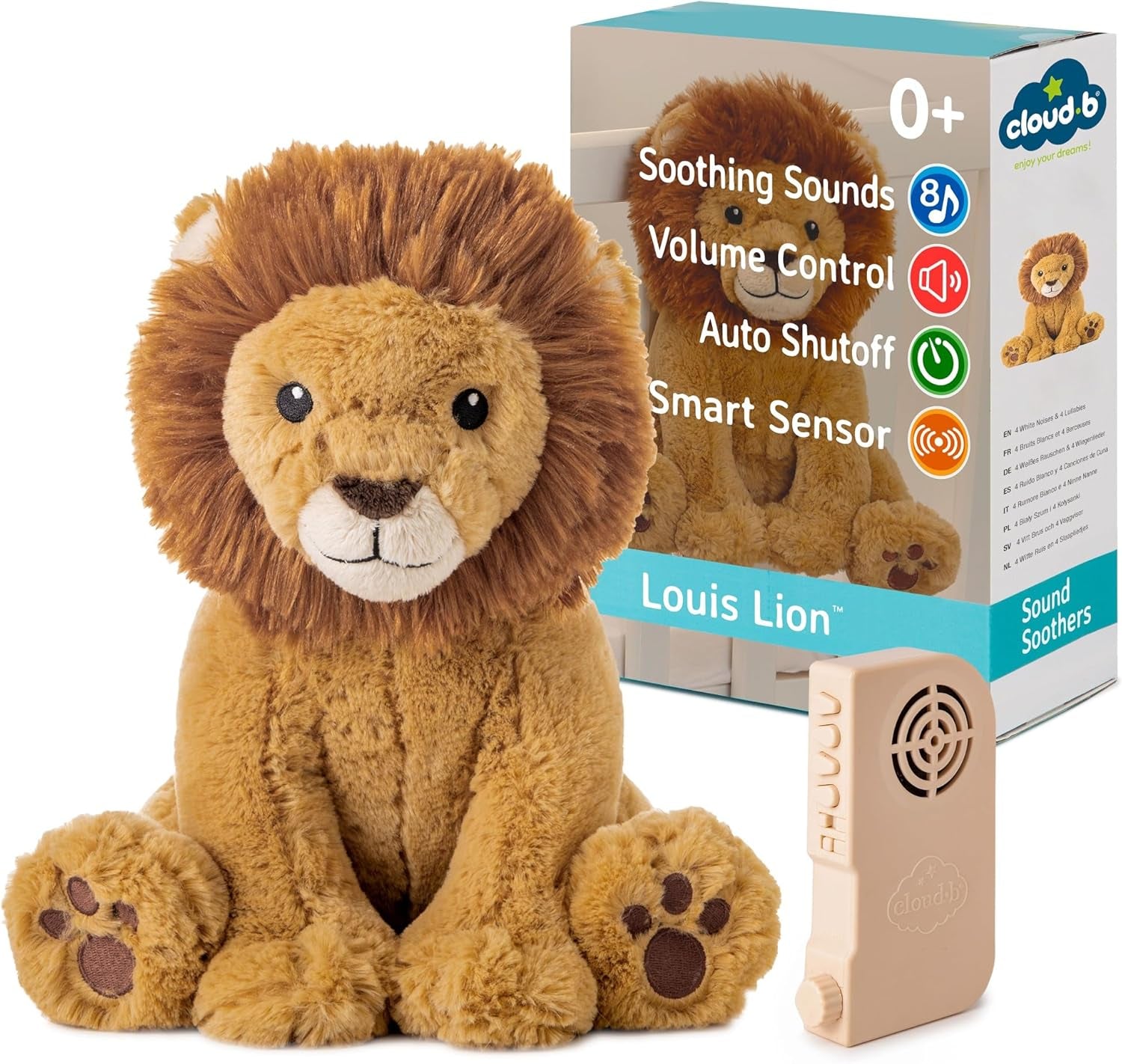 Sound Machine with White Noise Soothing Sounds | Cuddly Stuffed Animal | Adjustable Settings and Auto-Shutoff | Louis Lion Smart Sensor