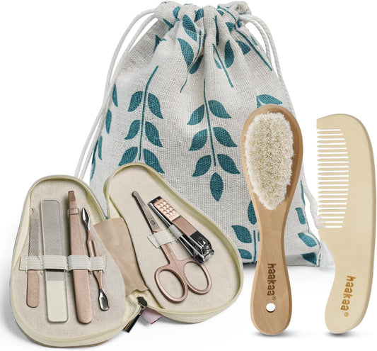 Baby Hair Brush and Comb Set & Pear-Fect Manicure Kit for Newborns & Toddlers, Natural Soft Goat Bristles and Wooden Handle, Baby Healthcare and Grooming Kit, Baby Nail Clippers, Pearl White