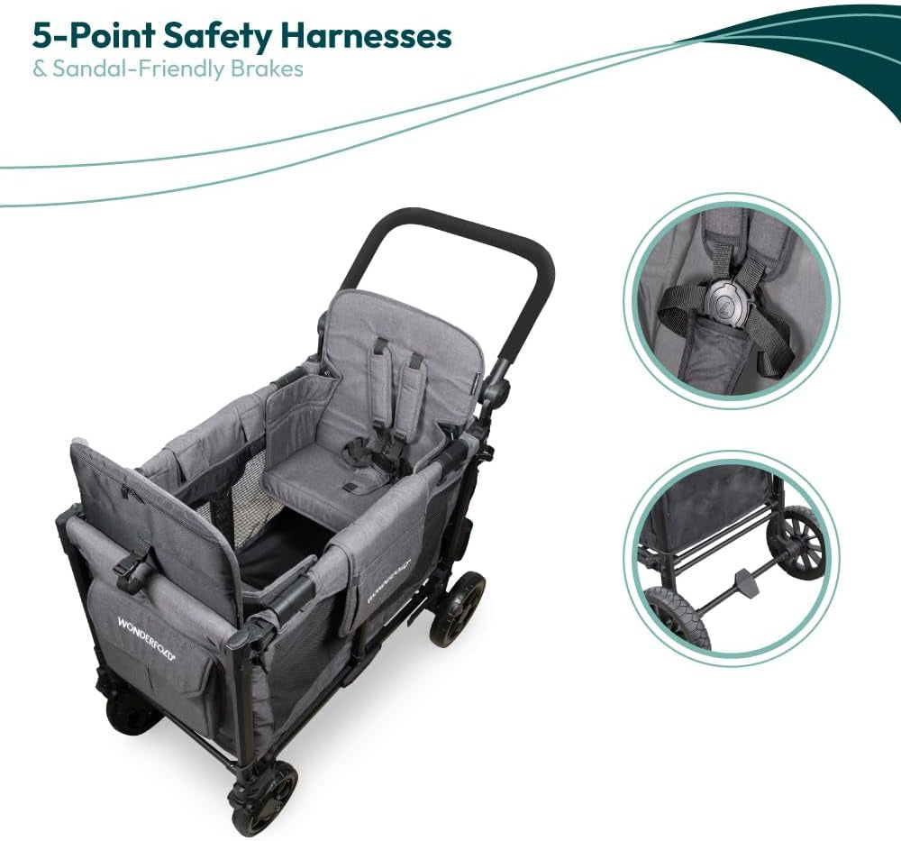 W2 Elite Pro Stroller Wagon (2 Seater) - Collapsible Wagon Stroller with Seats with 5-Point Harnesses, Adjustable Push Handle, and Adjustable Sun Canopy, Charcoal Gray