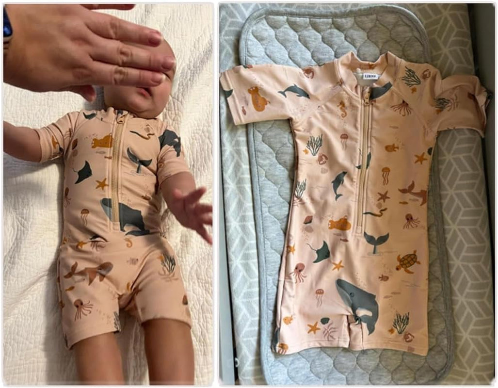 Toddler Boy One Piece Swimsuit Zipper Rashguard Full Body Sunsuit Stripe Seersucker Swimwear Short Sleeve Bathing Suit