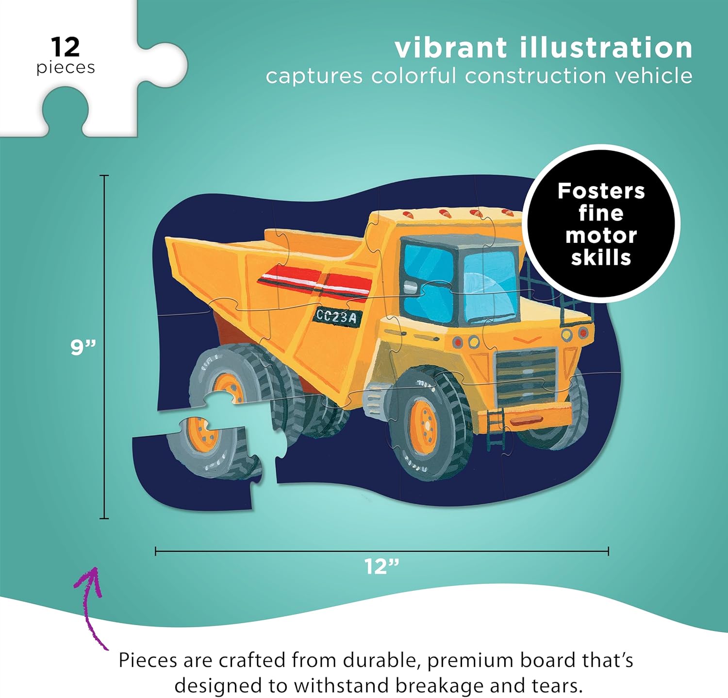 12-Piece Mini Jigsaw Puzzle - Fun Floor Puzzles for Kids Ages 2-4 and up - Heavy-Duty Shaped Box for Storage - Construction Zone with Dump Truck - 12" X 9" Finished