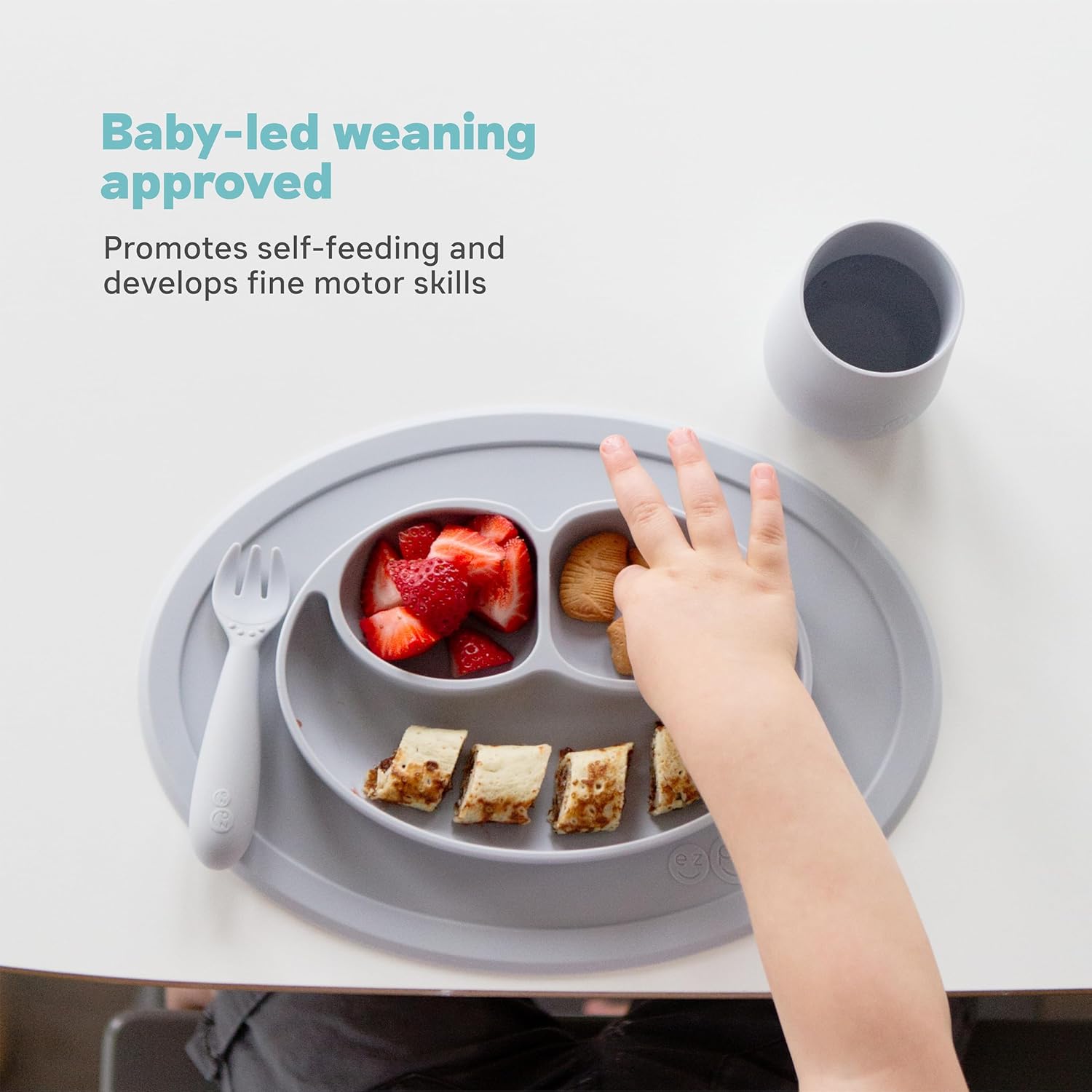 Mini Mat (Gray) - 100% Silicone Suction Plate with Built-In Placemat for Infants + Toddlers - First Foods + Self-Feeding - Comes with a Reusable Travel Bag