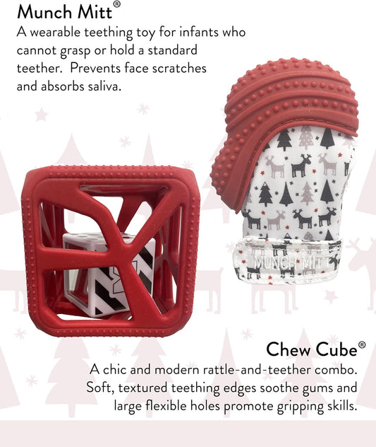 Teething Gift Pack: Munch Mitt and Chew Cube Duo for Babies and Toddlers – Baby Teething Toys for Gum Relief, Sensory Stimulation, Bpa-Free - Red