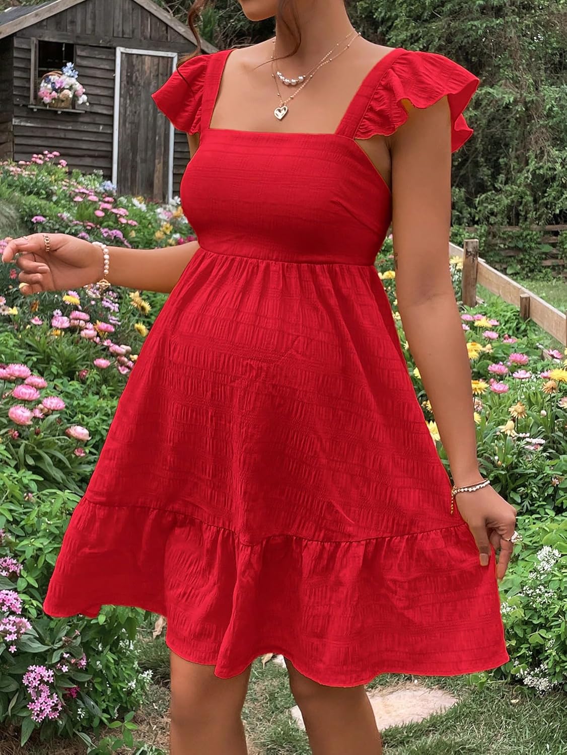 Women'S Maternity Tie Backless Ruffle Trim Short Sleeve Square Neck a Line Dress Solid Plain Flared Dresses