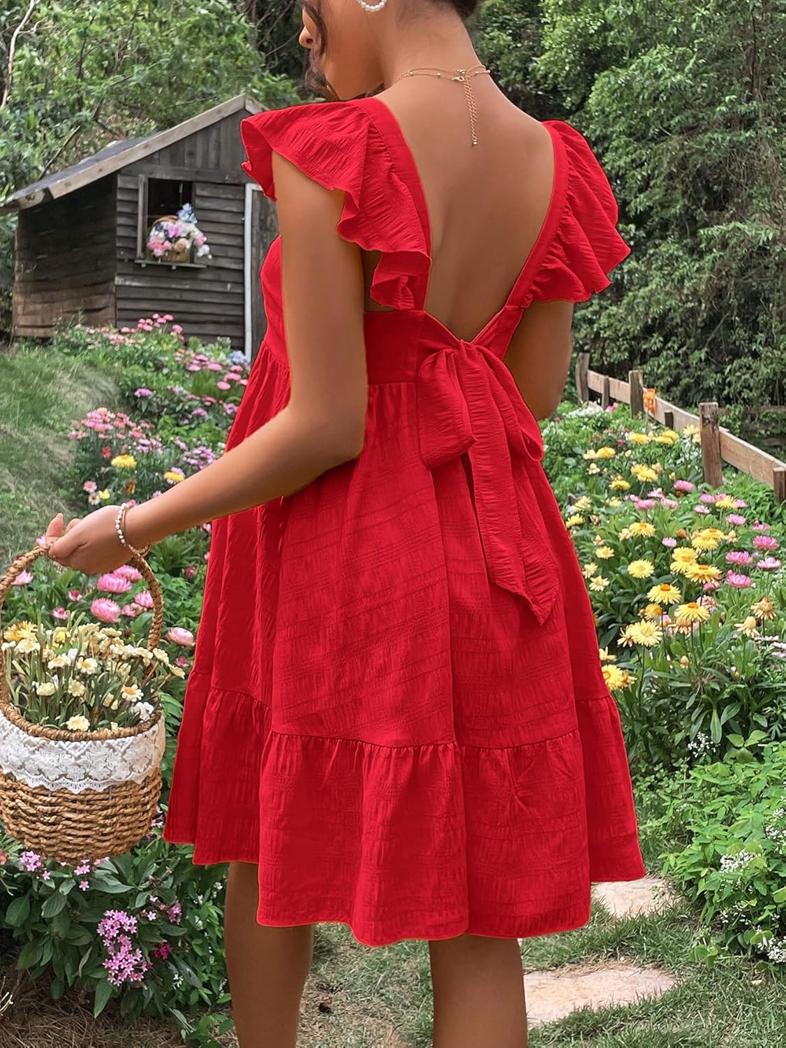 Women'S Maternity Tie Backless Ruffle Trim Short Sleeve Square Neck a Line Dress Solid Plain Flared Dresses