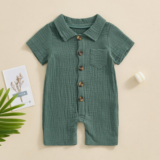 Baby Boy Cotton Linen Jumpsuit Infant Summer Romper Solid Color Short Sleeve Lapel Button down Overalls Bodysuit