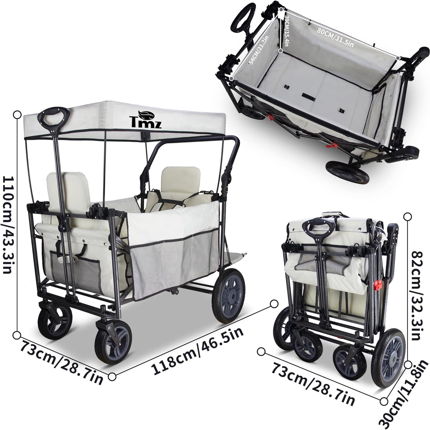 Folding Outdoor Collapsible Wagon with Quick-Release Wheels and 2 Seats, Heavy Duty Wagon 265LBS Load Capacity for Camping Garden Shopping (Beige)