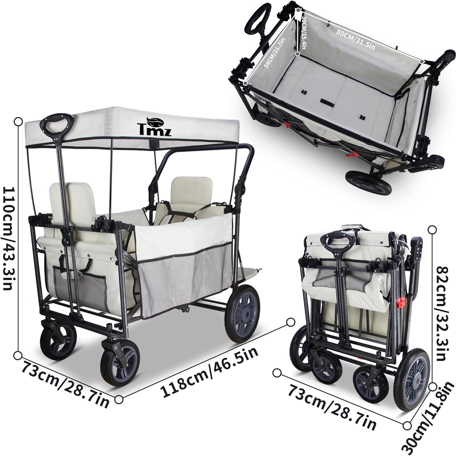 Folding Outdoor Collapsible Wagon with Quick-Release Wheels and 2 Seats, Heavy Duty Wagon 265LBS Load Capacity for Camping Garden Shopping (Beige)