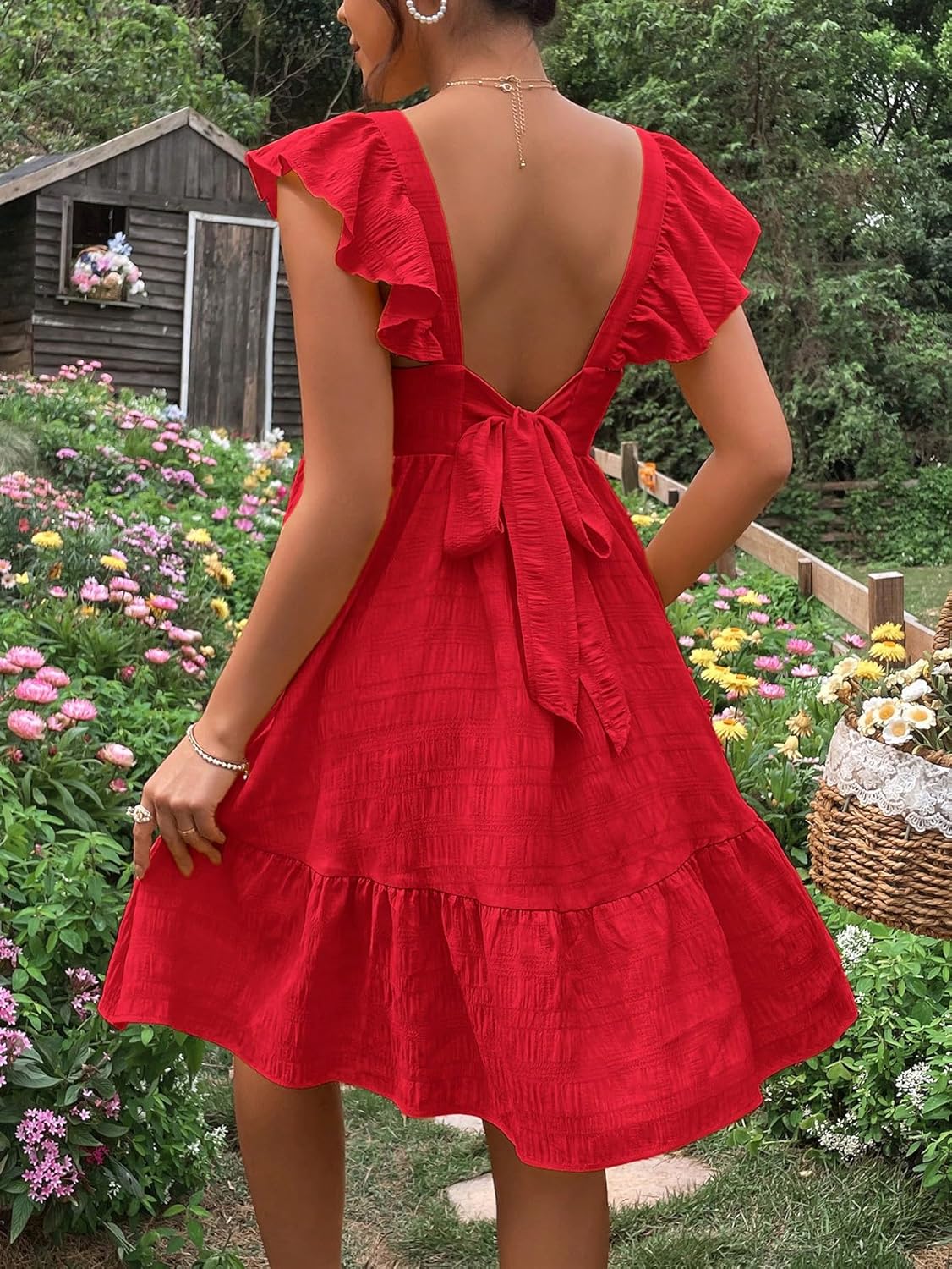Women'S Maternity Tie Backless Ruffle Trim Short Sleeve Square Neck a Line Dress Solid Plain Flared Dresses