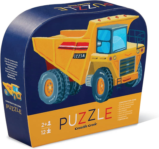 12-Piece Mini Jigsaw Puzzle - Fun Floor Puzzles for Kids Ages 2-4 and up - Heavy-Duty Shaped Box for Storage - Construction Zone with Dump Truck - 12" X 9" Finished