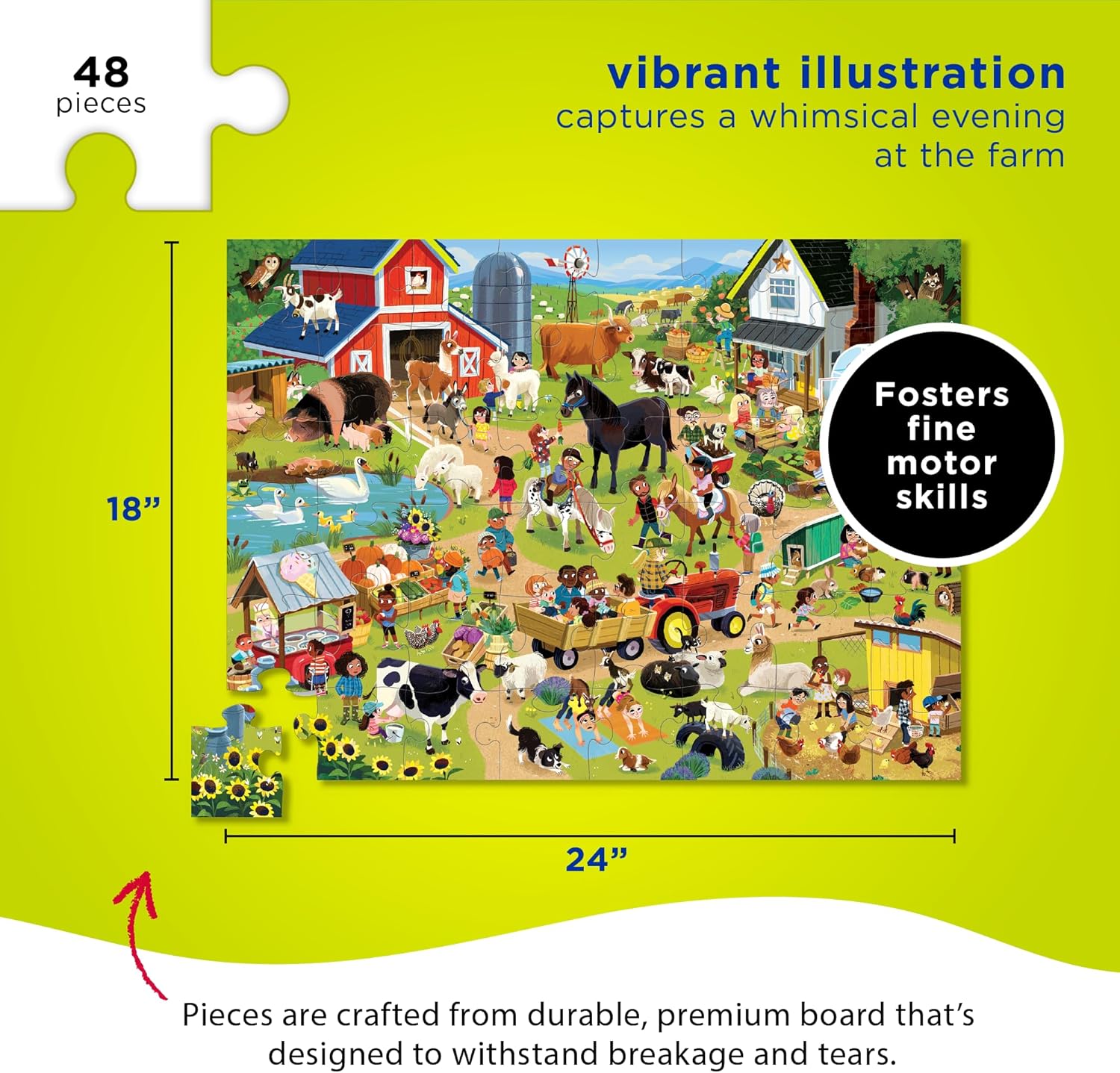 48-Piece Jigsaw Floor Puzzle - Fun Floor Puzzles for Kids Ages 4-8 - Heavy-Duty Shaped Box for Storage - Day at the Farm - 18 X 24 Inches Finished