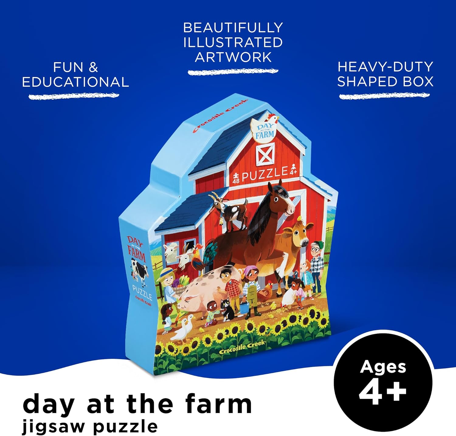 48-Piece Jigsaw Floor Puzzle - Fun Floor Puzzles for Kids Ages 4-8 - Heavy-Duty Shaped Box for Storage - Day at the Farm - 18 X 24 Inches Finished
