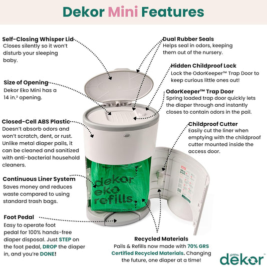 Diaper  Mini Hands-Free Diaper Pail | Easiest to Use | Just Step – Drop – Done | Doesn’T Absorb Odors | Most Economical Refill System | 70% Recycled Materials | EKO White
