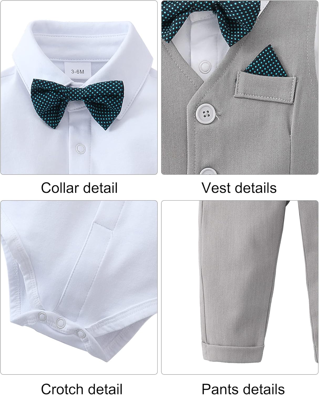 Baby Boy Clothes Toddler Boy Outfits, 4PC Gentleman Dress Romper + Vest + Pants + Bow Tie Cotton Suit Set