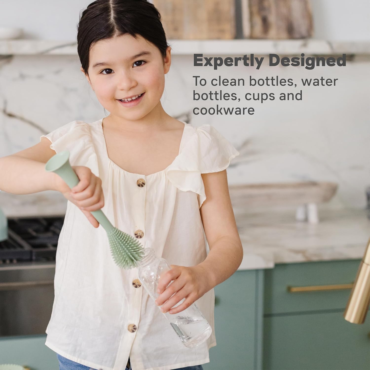 Bottle Brush Cleaner (Sage) - 100% Silicone Reusable Durable Long-Lasting Hypo-Allergenic Brush with Suction Base for Cleaning Dishes, Cookware and Feeding Accessories