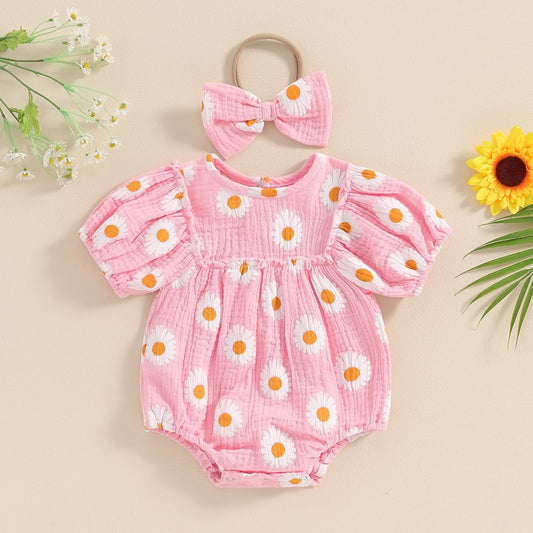 Baby Girl Bubble Romper Cotton Blend Cute Daisy Print round Neck Bodysuits Newborn Girl Summer Outfits