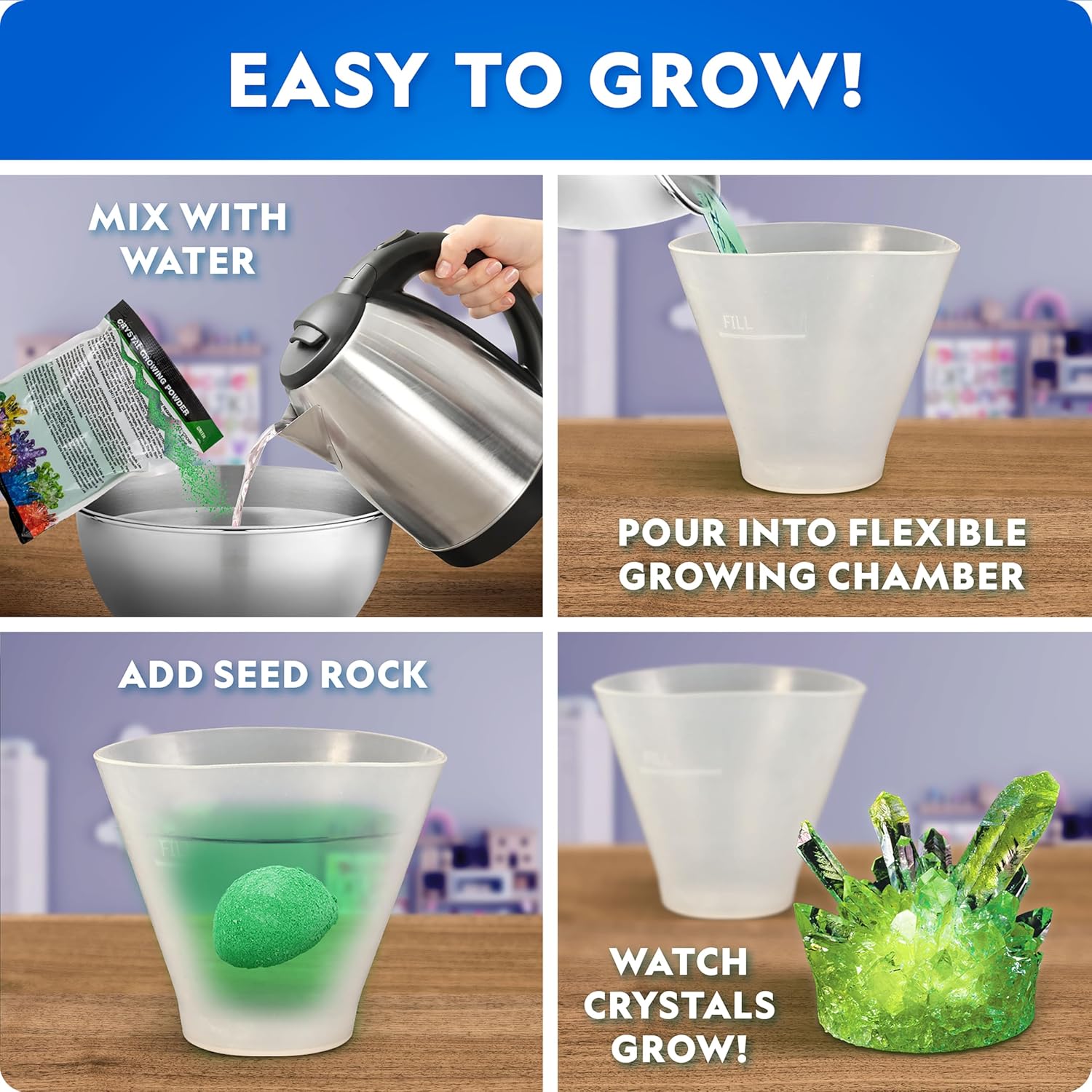 National Geographic Mega Crystal Growing Kit for Kids- Grow 6 Crystals with Light-Up Stand, Science Gifts for Kids 8-12, Crystal Making Experiment, Science Kit for Girls and Boys