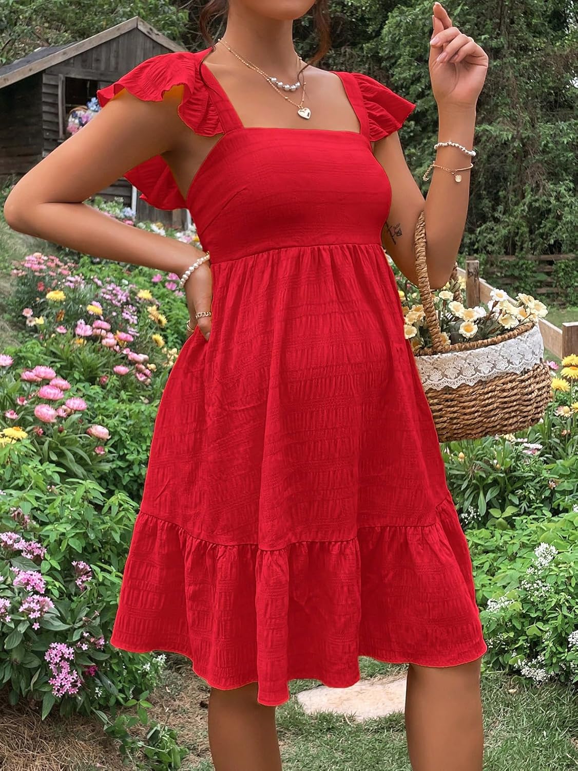 Women'S Maternity Tie Backless Ruffle Trim Short Sleeve Square Neck a Line Dress Solid Plain Flared Dresses